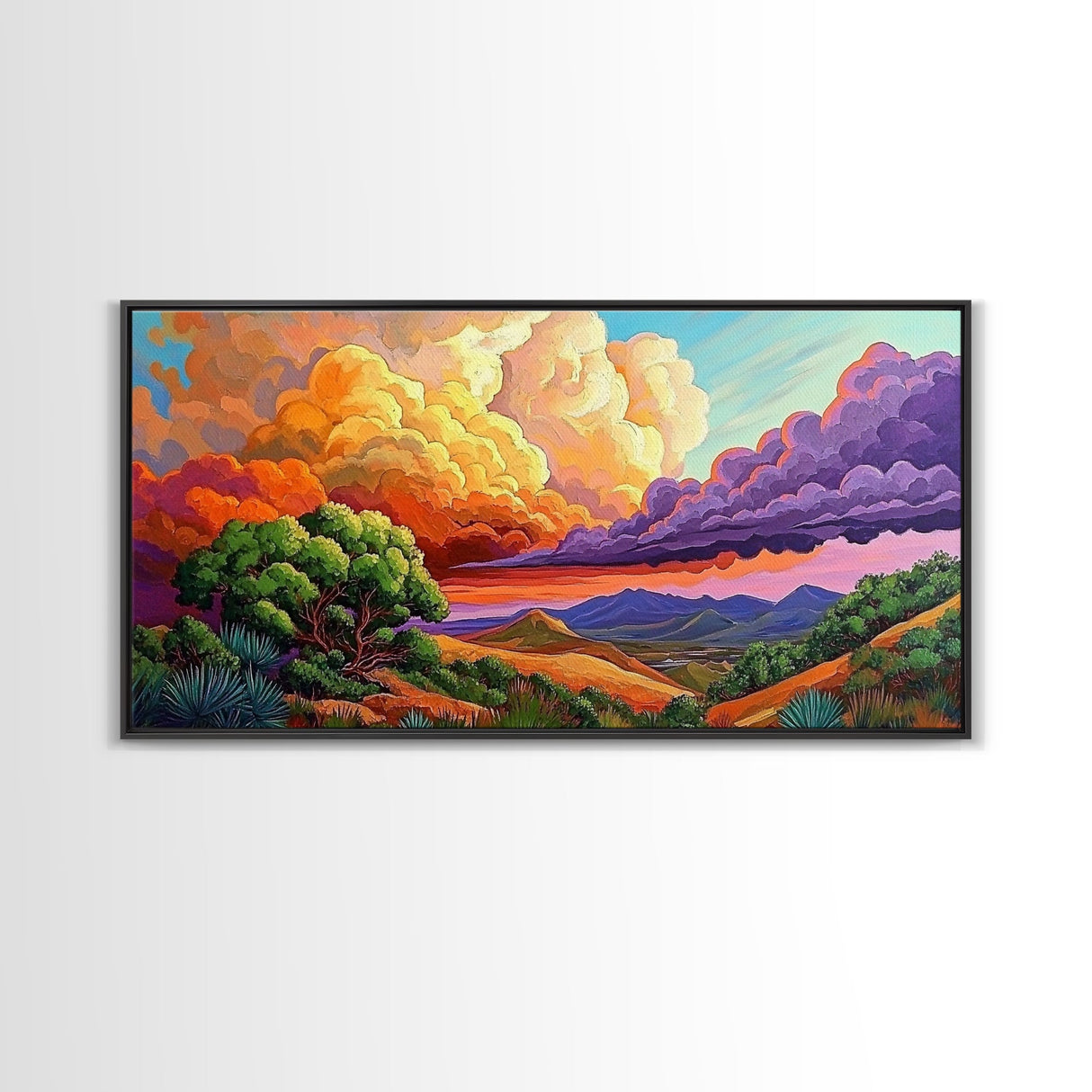 Desert Mountains, Sky, Sunset Clouds, Framed Canvas Print, Colorful Landscape Art, Office Wall Decor, Western Scenery, Autumn Vibes