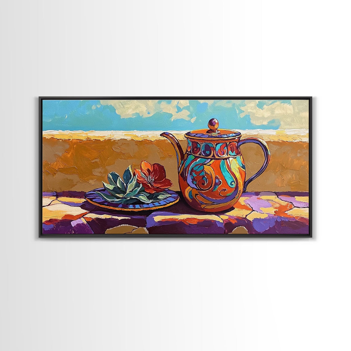 Teapot Patio, Desert, Ceramic, Framed Canvas Print, bold desert teapot art, colorful Mexican pottery, sunny outdoor patio wall art