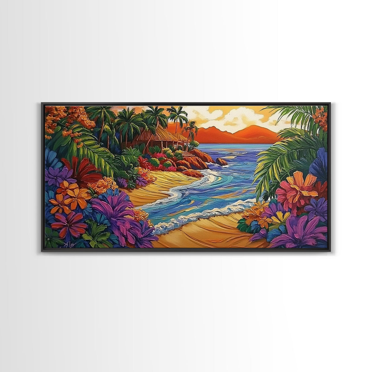 Tropical, Beach, Sunset, Palm, Vibrant tropical beach art, Canvas Print, Island Paradise Decor, Vacation Vibes, Living Room Art