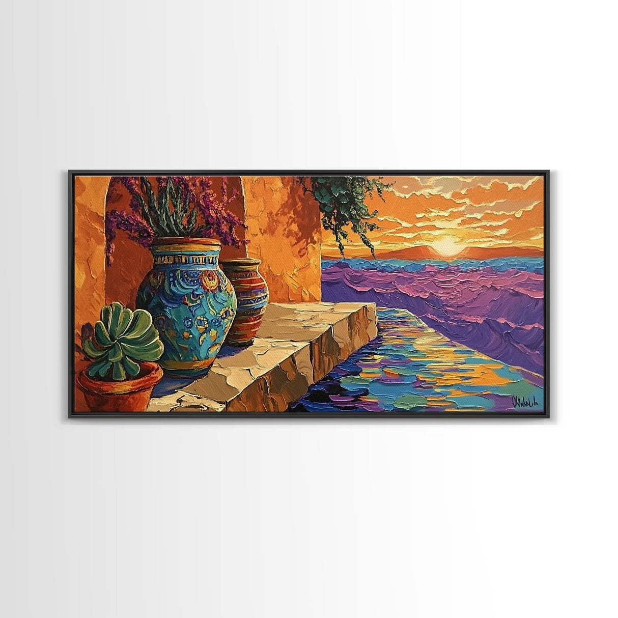 Sunset Terracotta, Patio, Art, Framed Canvas Print, Colorful Mexican pottery scene, vibrant tropical wall art, boho entryway decor