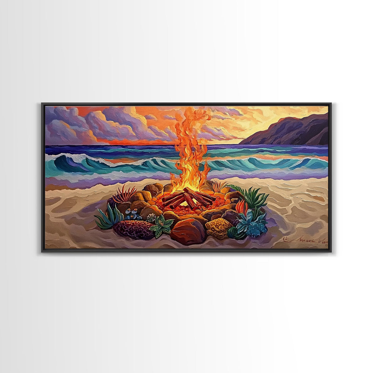 Beach Campfire, Sunset, Tropical Vibes, island evening Canvas Print, fall boho decor, colorful beach firepit living room wall art