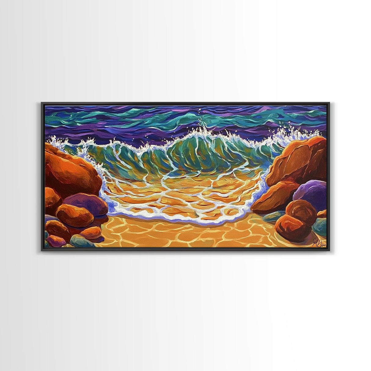 Wave Shoreline, Rocks, Splash, Vibrant ocean wall art, coastal home decor, Canvas Print, bathroom beach art, bold seascape painting
