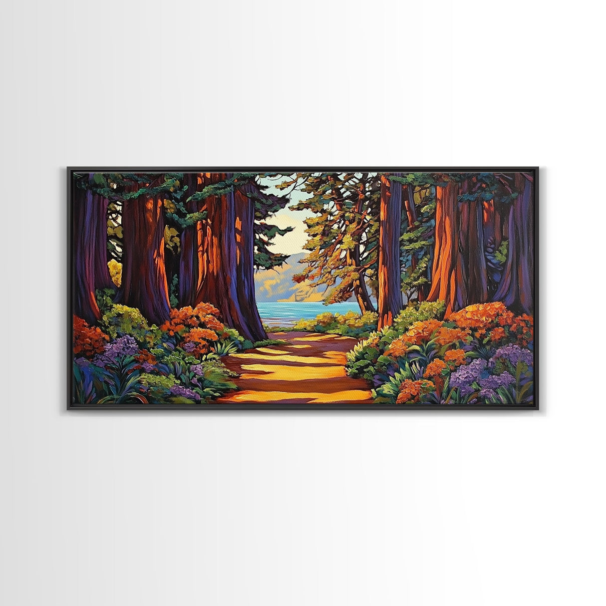 Forest Path, Ocean, Framed Canvas Print, Redwood forest trail to ocean scene, Nature inspired art, Rustic Living Room Wall Art