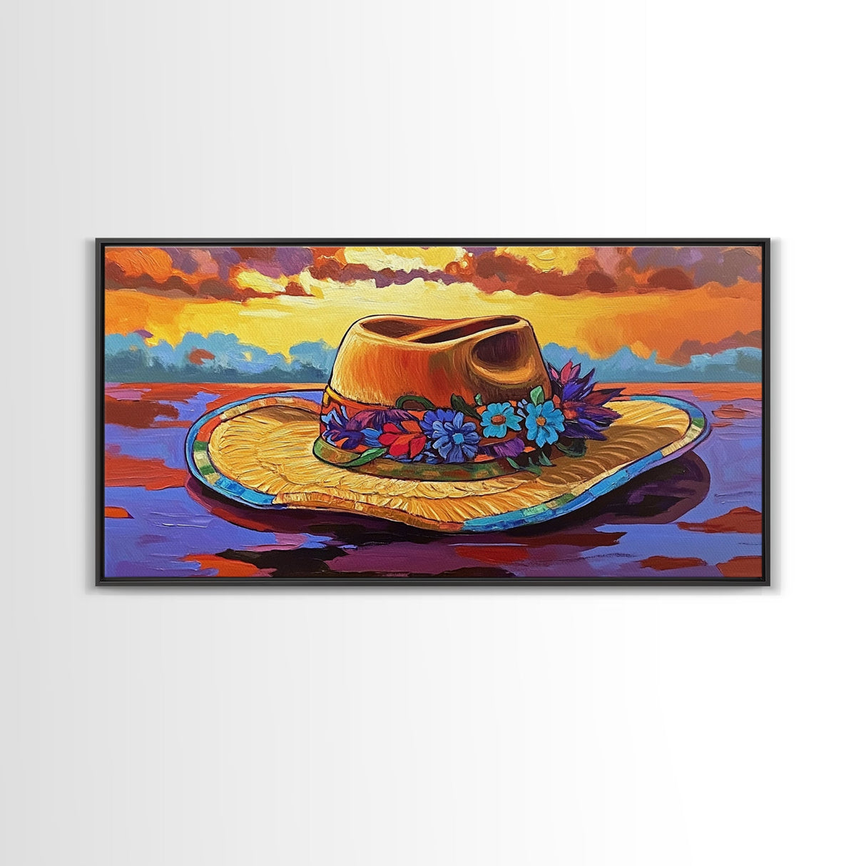 Hat Floral, Sunset, Framed Canvas Print, Boho straw hat with flowers on beach at sunset, Whimsical Summer Art, Entryway Wall Art