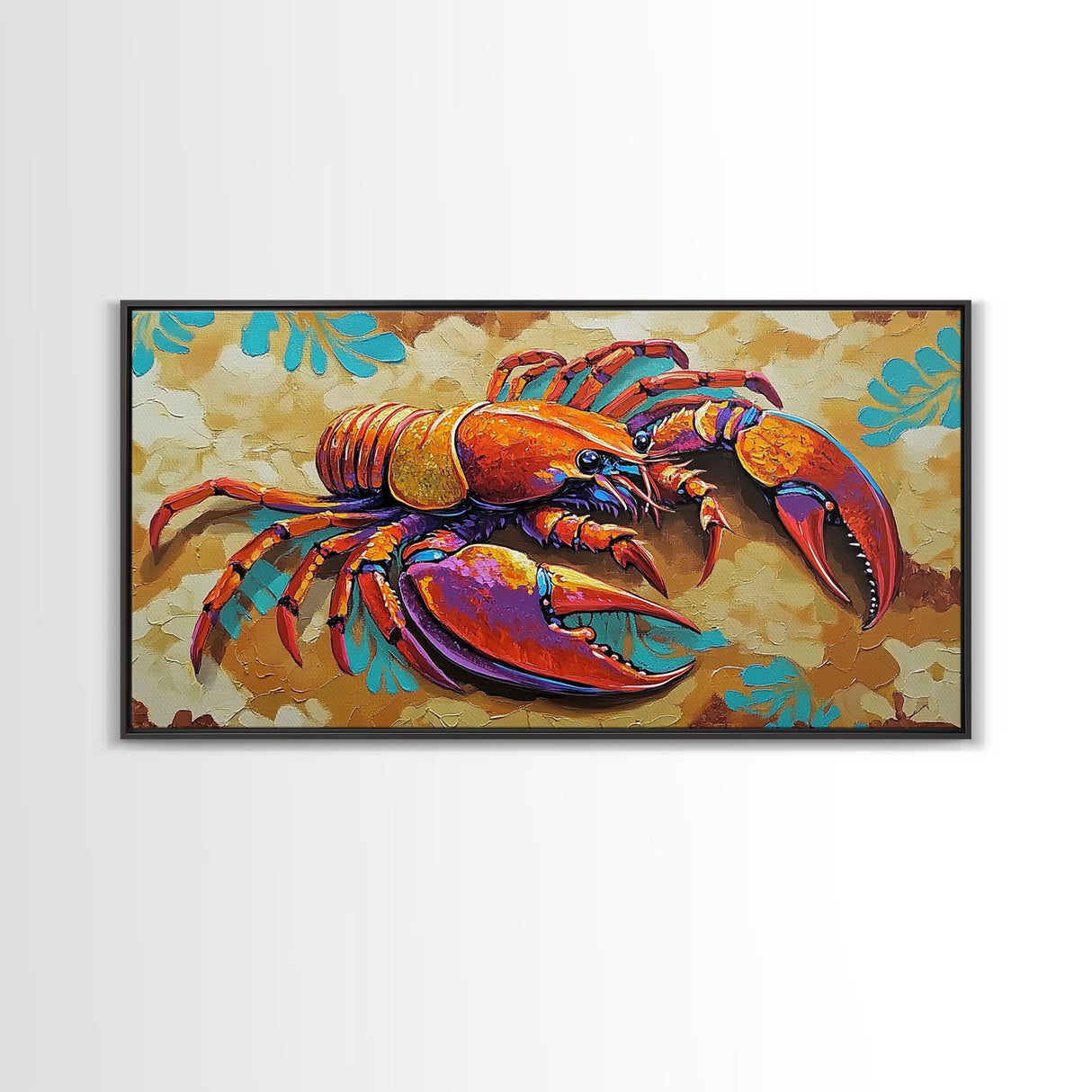 Lobster Coastal, Bold, Framed Canvas Print, Vibrant abstract lobster on sandy background, Nautical Kitchen Decor, Bold Coastal Wall Art