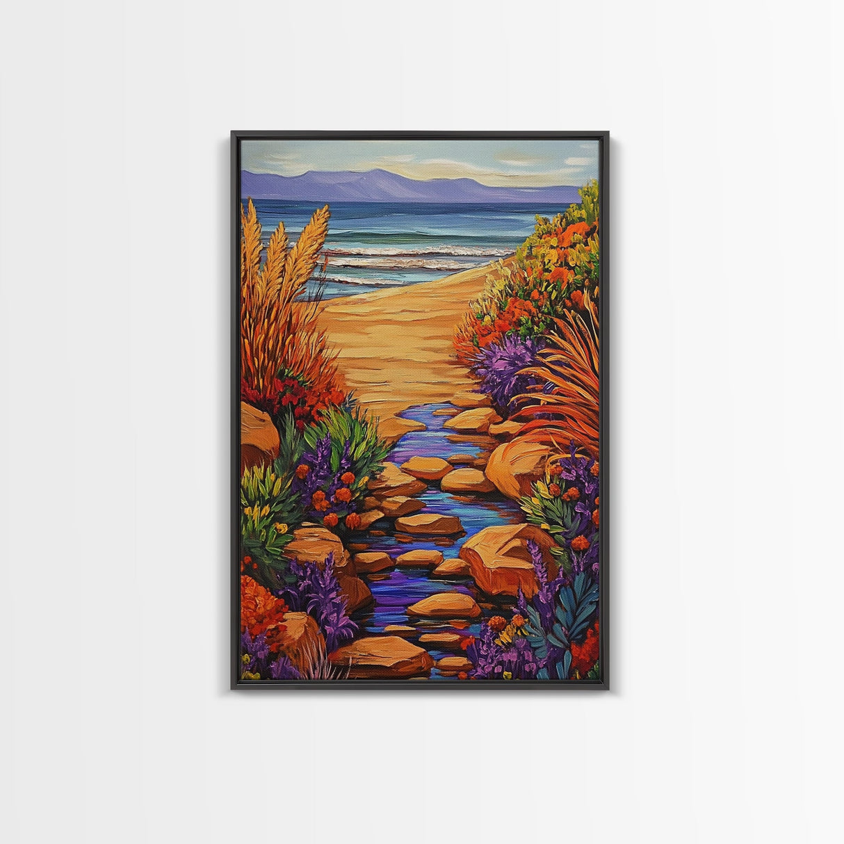 Path Ocean, Flowers, Shoreline, Framed Canvas Print, Bright coastal landscape, colorful wildflower path, Bathroom or Entryway Wall Art