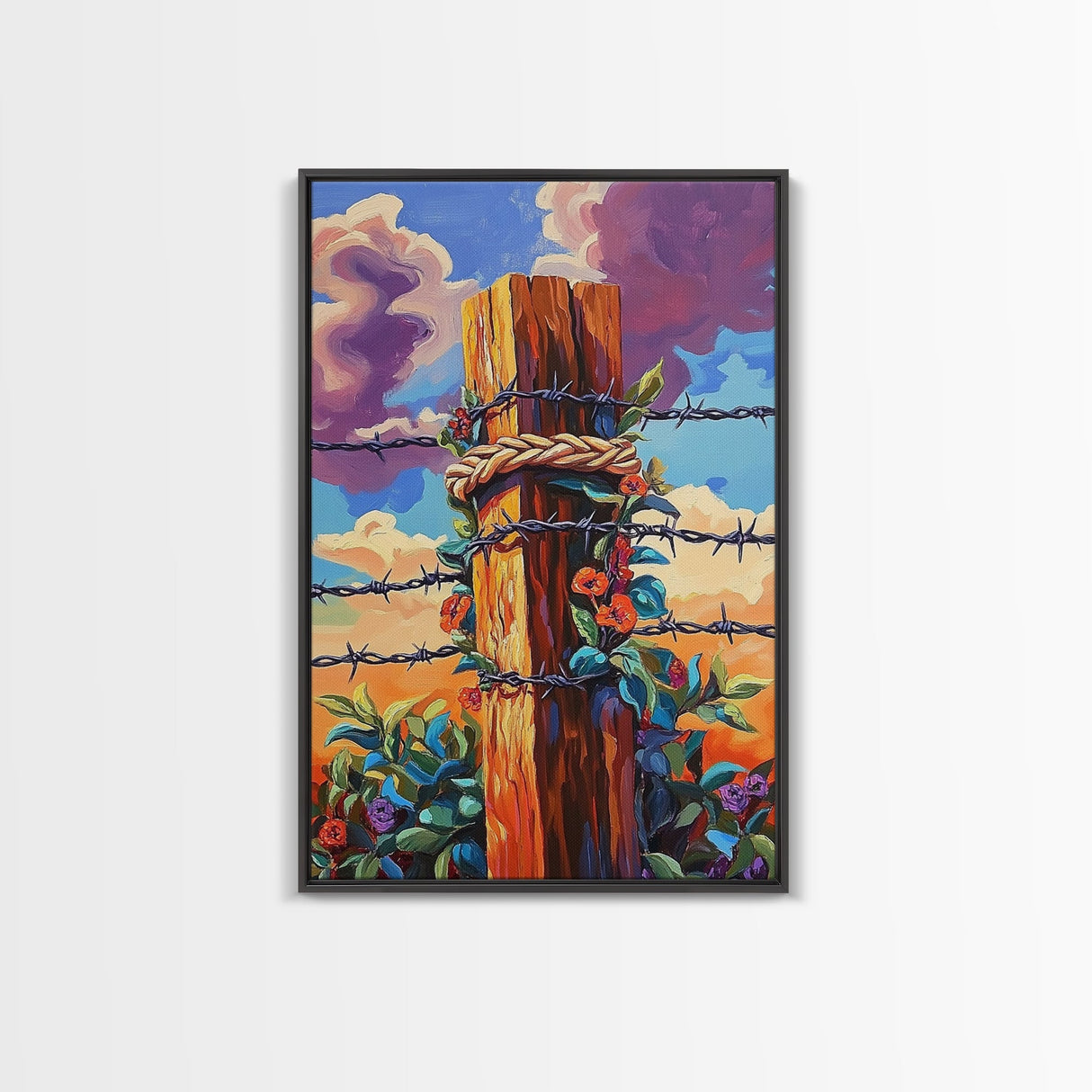 Fence Flowers, Sky, Bold, Framed Canvas Print, western barbed wire wall art, farmhouse boho style, sunset rustic decor, entryway or den