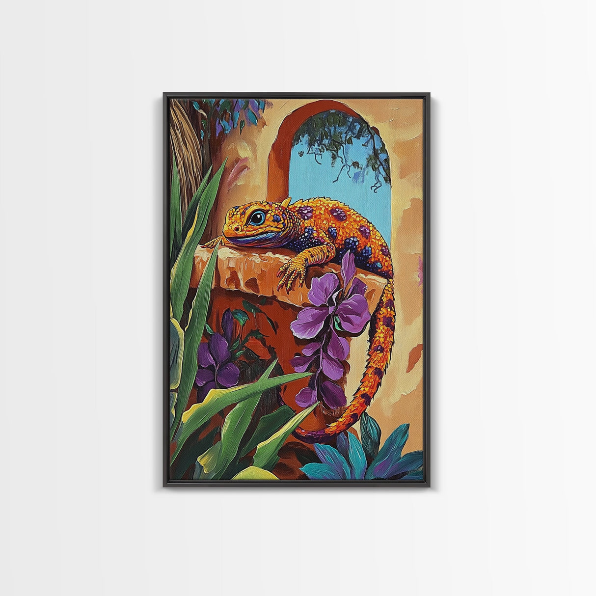 Gecko Tropical, Garden, Framed Canvas Print, Colorful Lizard Art, Desert Wall Decor, Nature Inspired Boho Art, Bathroom art, Patio Wall Art