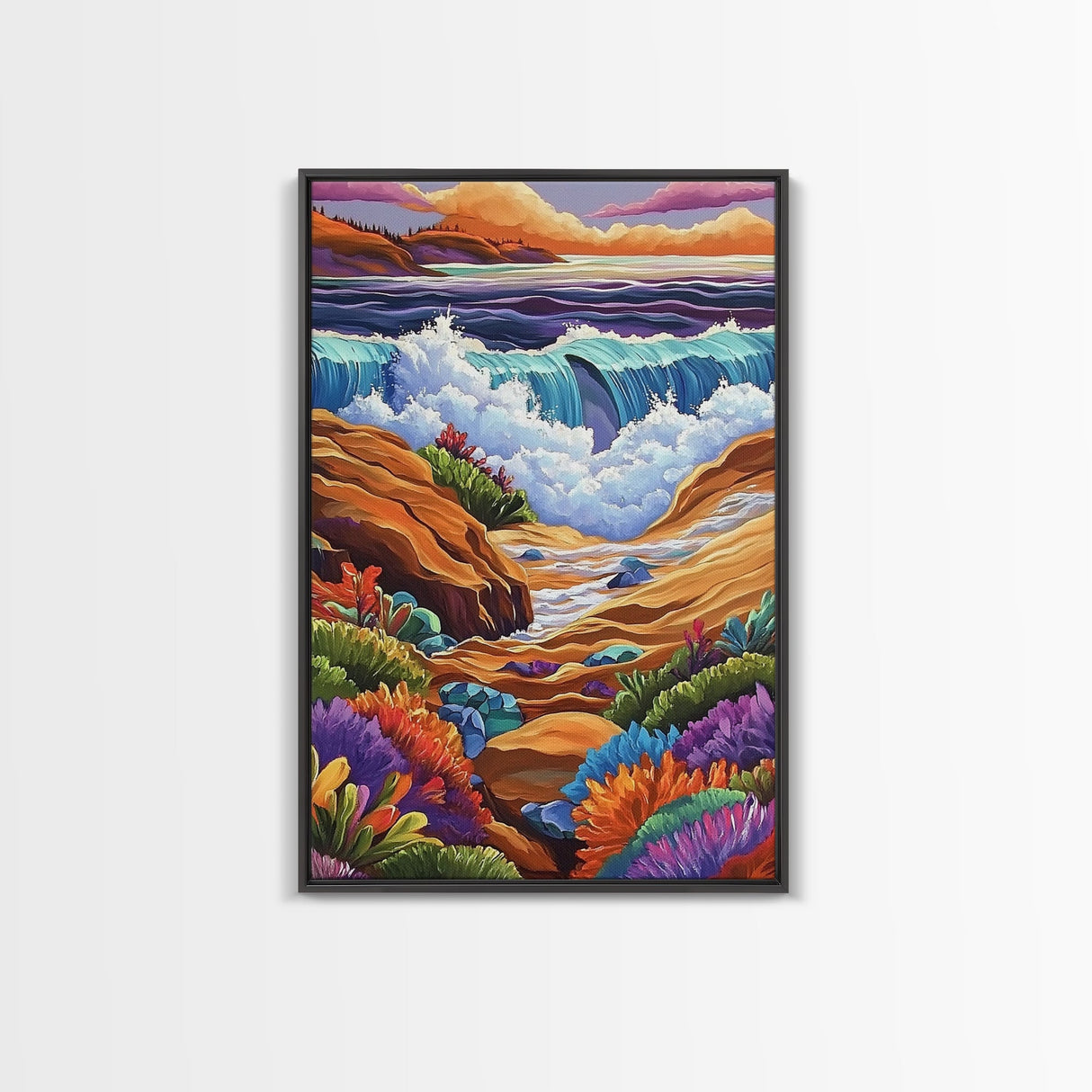 Ocean Rocks, Colorful, Framed Canvas Print, Coastal Sunset Wall Art, Bold Ocean Waves Decor, Living Room Statement Piece, Nature Art Print