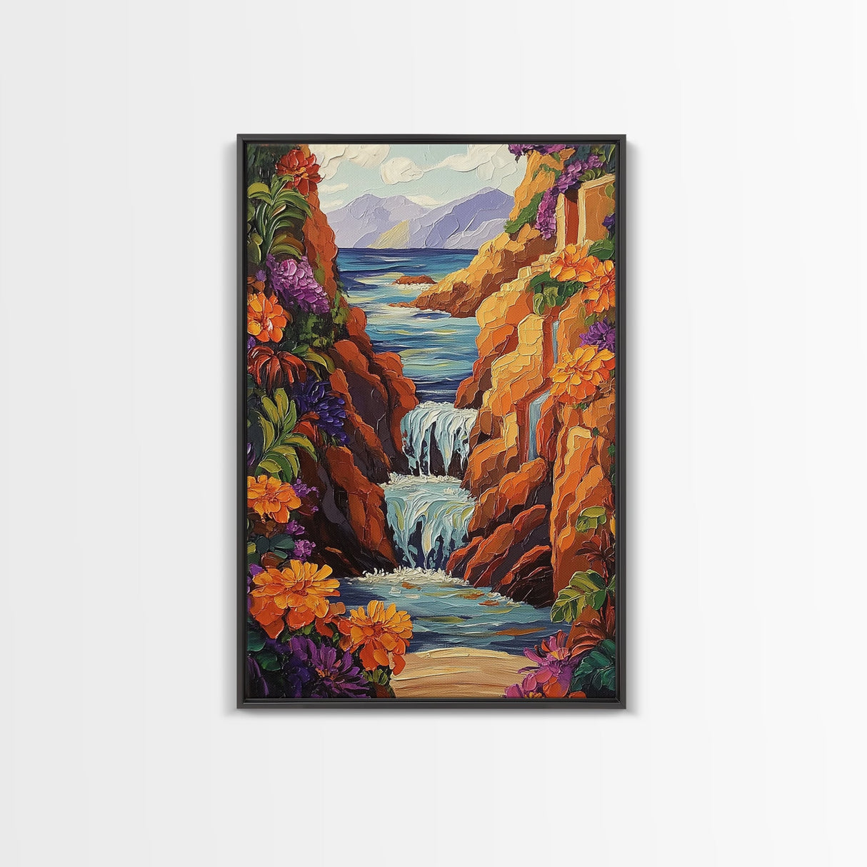 Waterfall Cliffs, Ocean, Framed Canvas Print, Tropical Canyon Wall Art, Colorful Nature Inspired Decor, Bathroom art, Entryway Wall Art