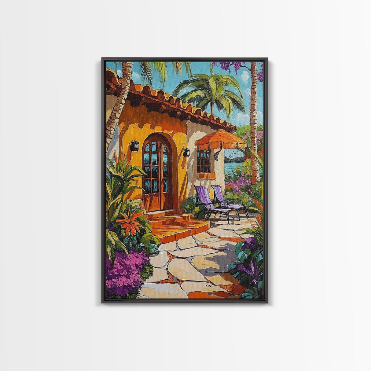 Villa Poolside, Palm, Paradise, Framed Canvas Print, tropical patio wall art, coastal Mediterranean decor, outdoor relaxation art, boho vibe