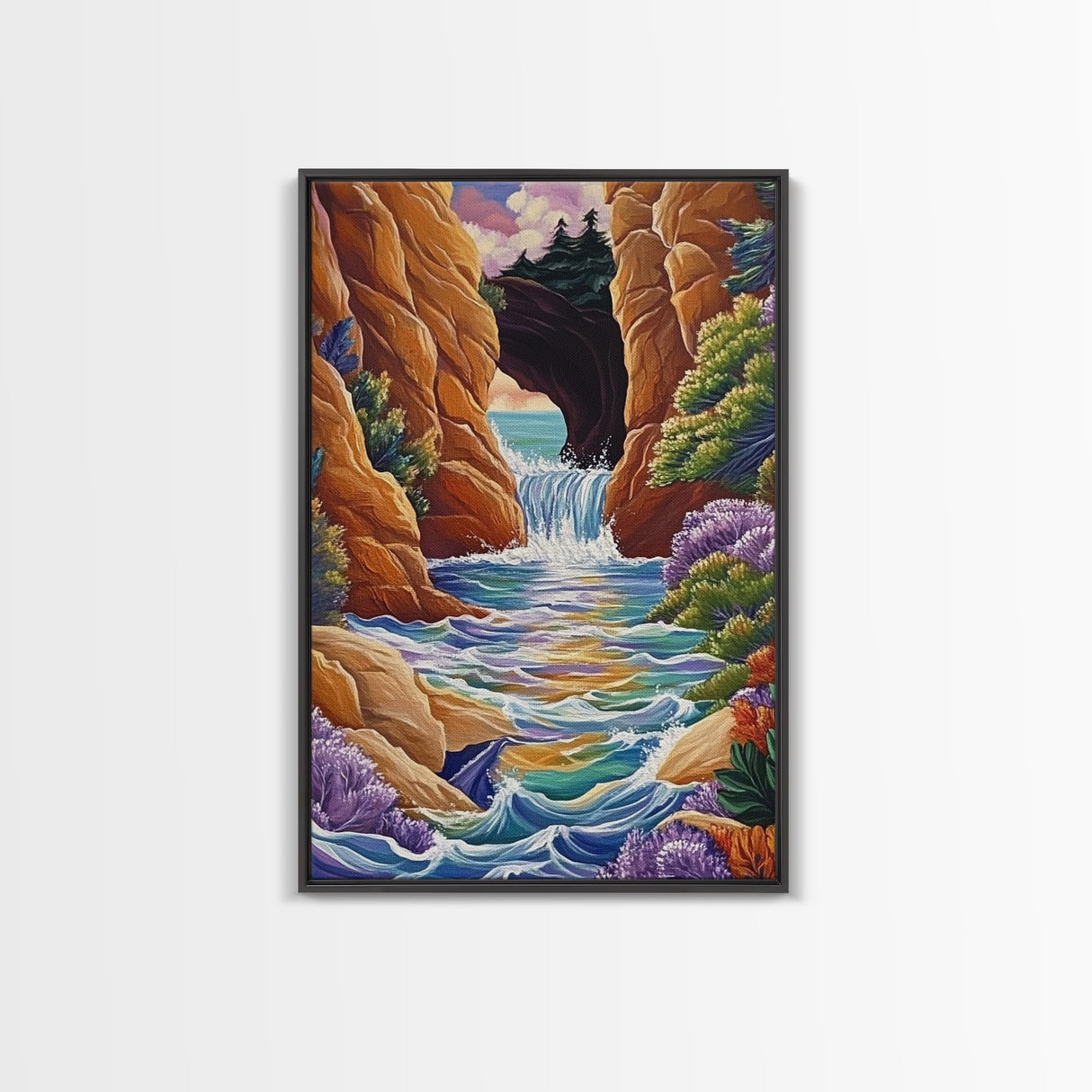 Waterfall Arch, Canyon, Coastal, Framed Canvas Print dramatic coastal waterfall painting, colorful canyon ocean view, nature boho decor