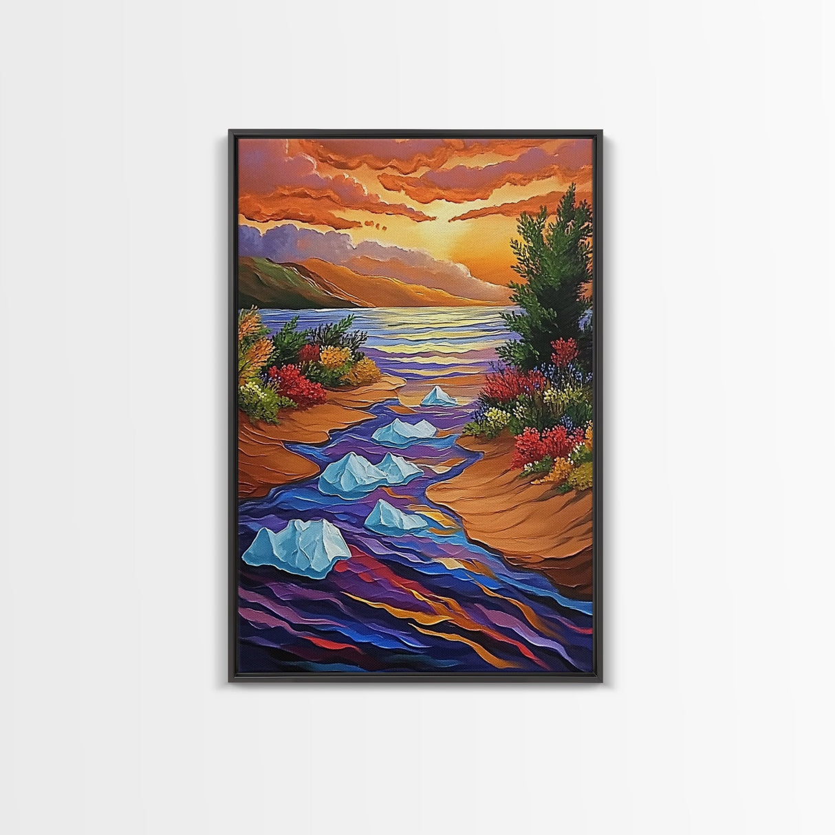 Icebergs River, Sunset, Autumn, Framed Canvas Print colorful autumn iceberg painting, vibrant sunset water flow, fall landscape wall art