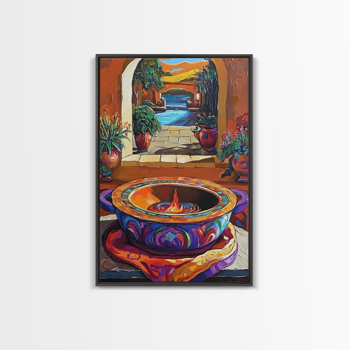 Fire Pottery, Patio, Colorful Framed Canvas Print, Rustic Kitchen Wall Art, Hacienda Style Decor, Bold Mexican Art, Autumn Home Accent