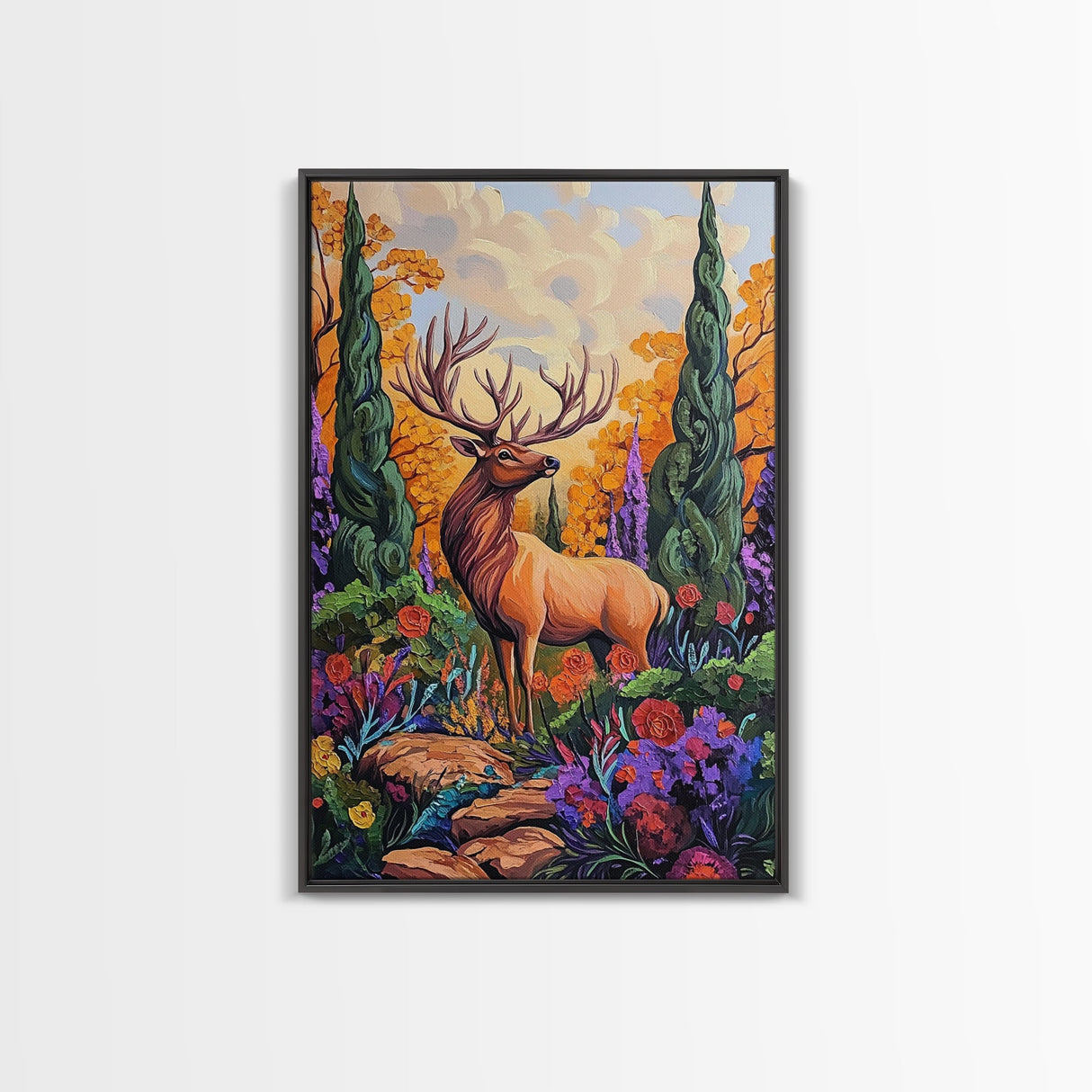 Elk Forest, Autumn, Majestic Wildlife Wall Art, Woodland Cabin Decor, Fall Season Rustic Accent, Framed Canvas Print