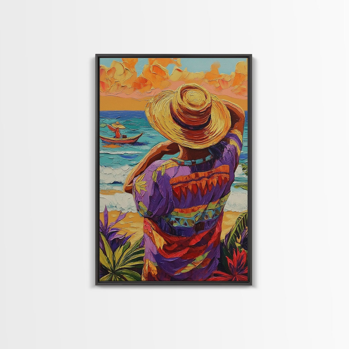 Seaside Man, Sunset, Framed Canvas Print, Vibrant beach artwork, coastal boho decor, hallway wall art, Mexico travel scene painting