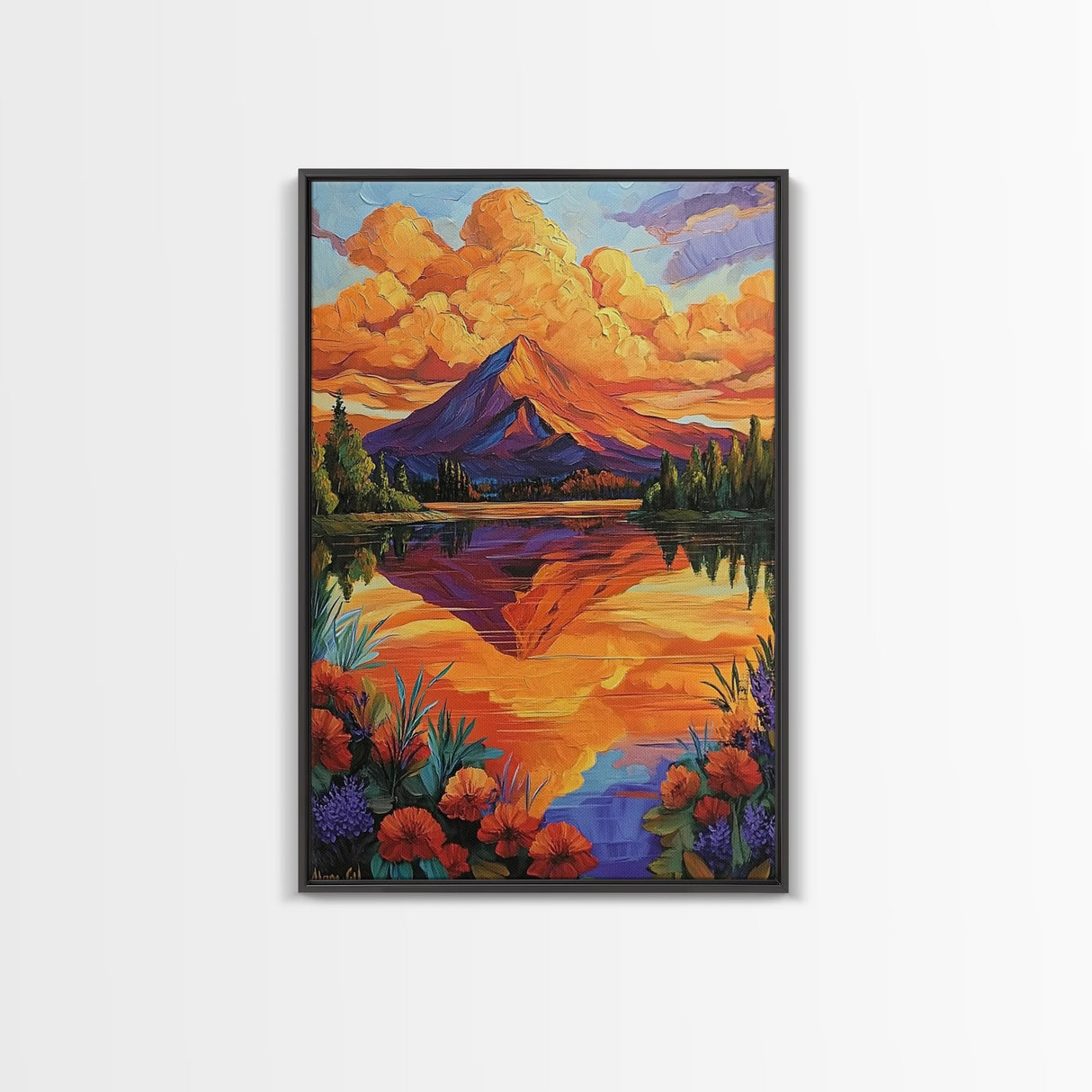 Mountain Reflection, Lake, Sunset, Framed Canvas Print, Vibrant Nature Wall Art, Rustic Cabin Decor, Bold Sunset Landscape Painting