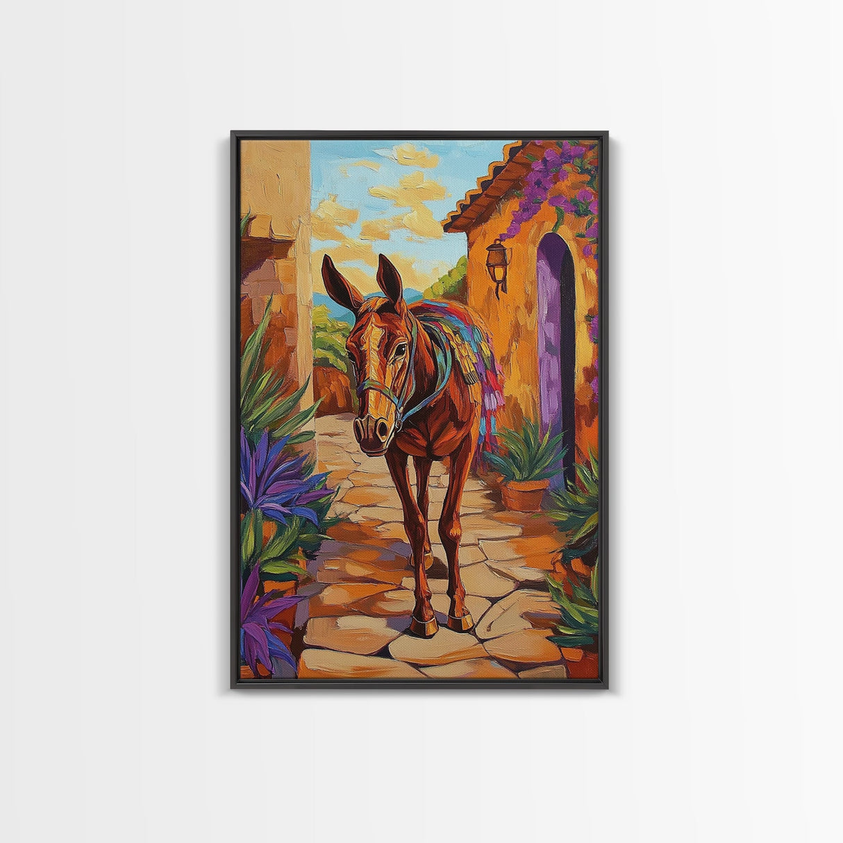 Donkey Village, Rustic, Whimsy, Framed Canvas Print, Southwestern Farmhouse Decor, Colorful Animal Wall Art, Entryway Accent Piece