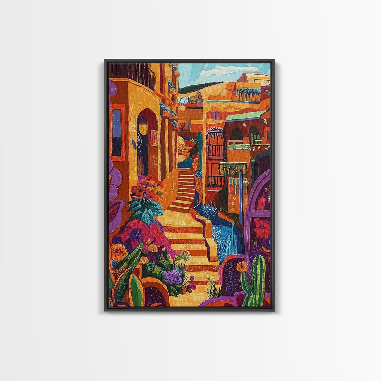 Adobe Village, Desert Color, Southwest Scene, Bright Homes, Framed Canvas Print, Living Room Wall Art, boho rustic art, warm decor