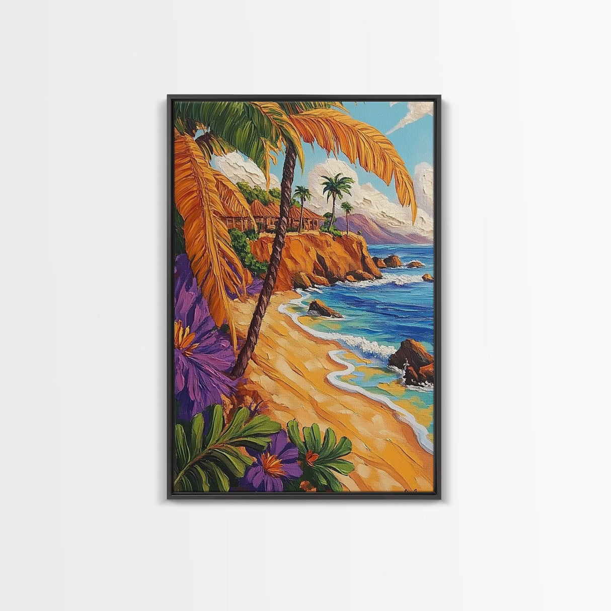 Tropical Beach, Huts, Framed Canvas Print, Island paradise artwork, palm tree coastal decor, bathroom or entryway art, boho summer scene