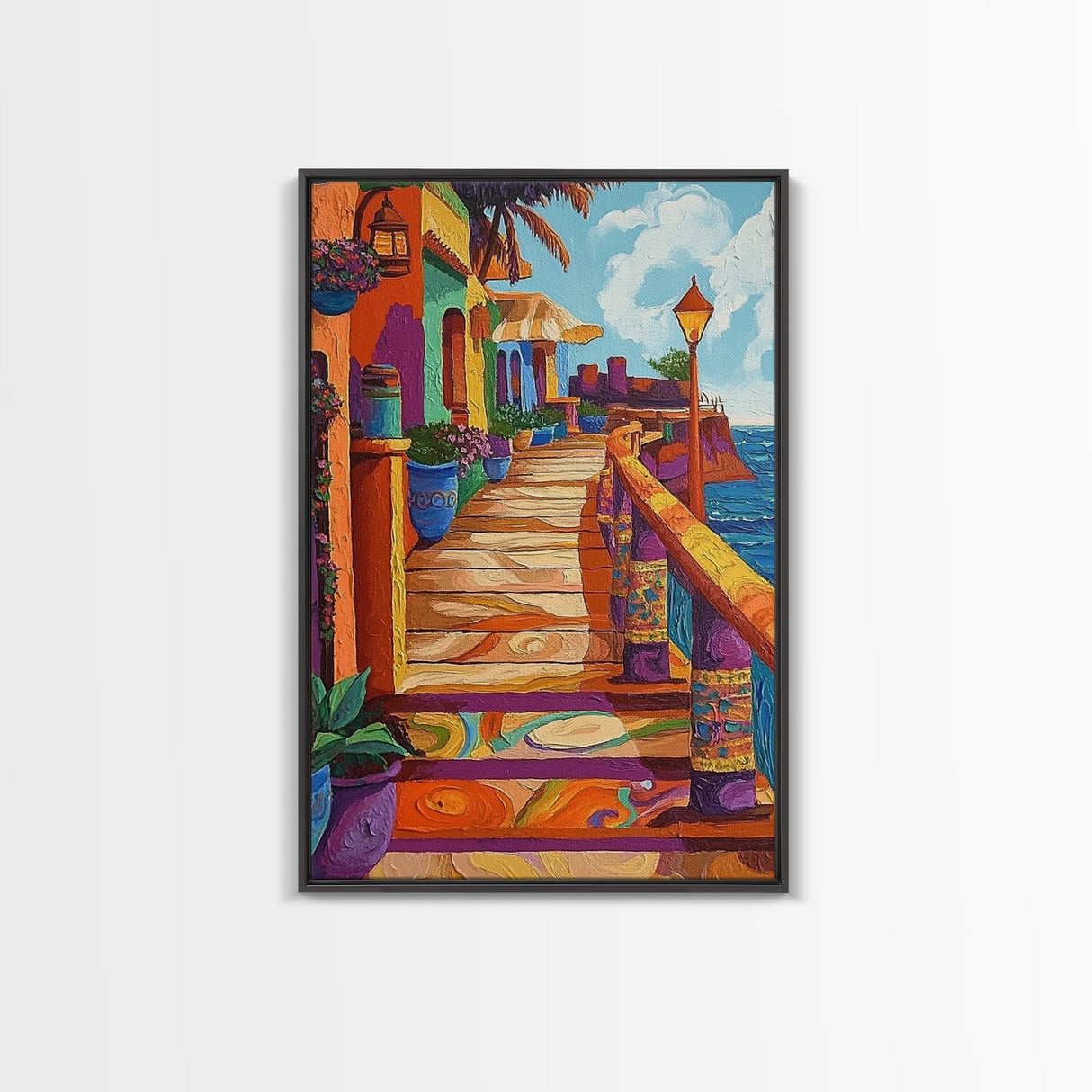 Coastal Colorful Pathway Painting, Framed Canvas Print, Boho coastal wall art, beach town painting, hallway decor, summer vibe