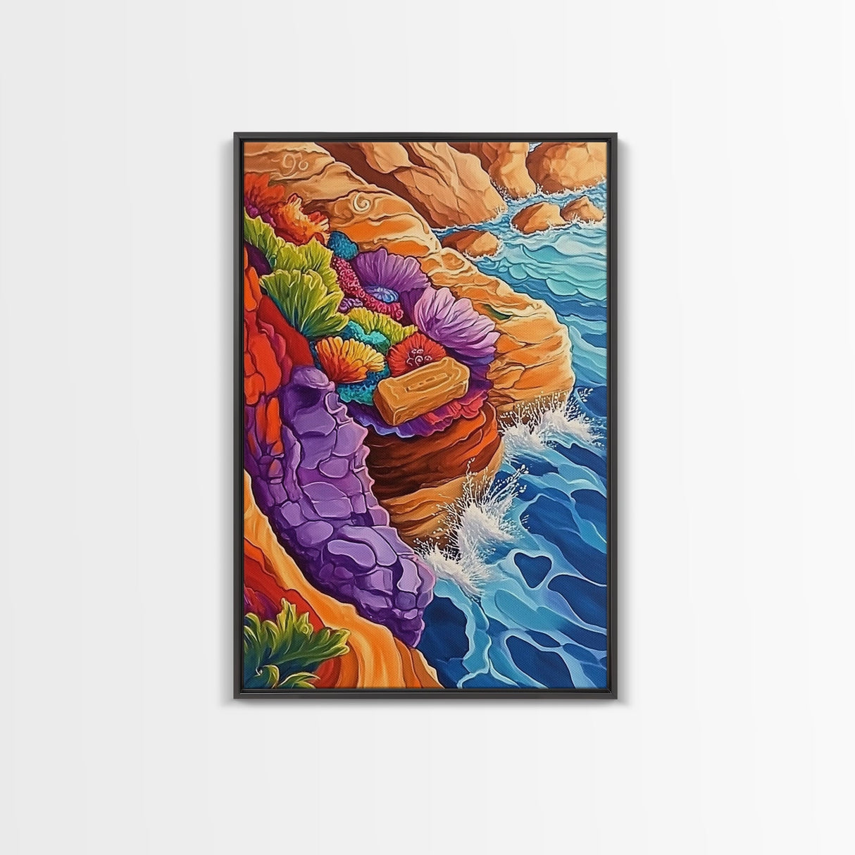 Ocean Cliffs, Colorful Reef, Coastal Abstract, Vibrant Seaside Art, Bathroom Wall Art, Nautical Decor, Canvas Print, Bold Nature Painting