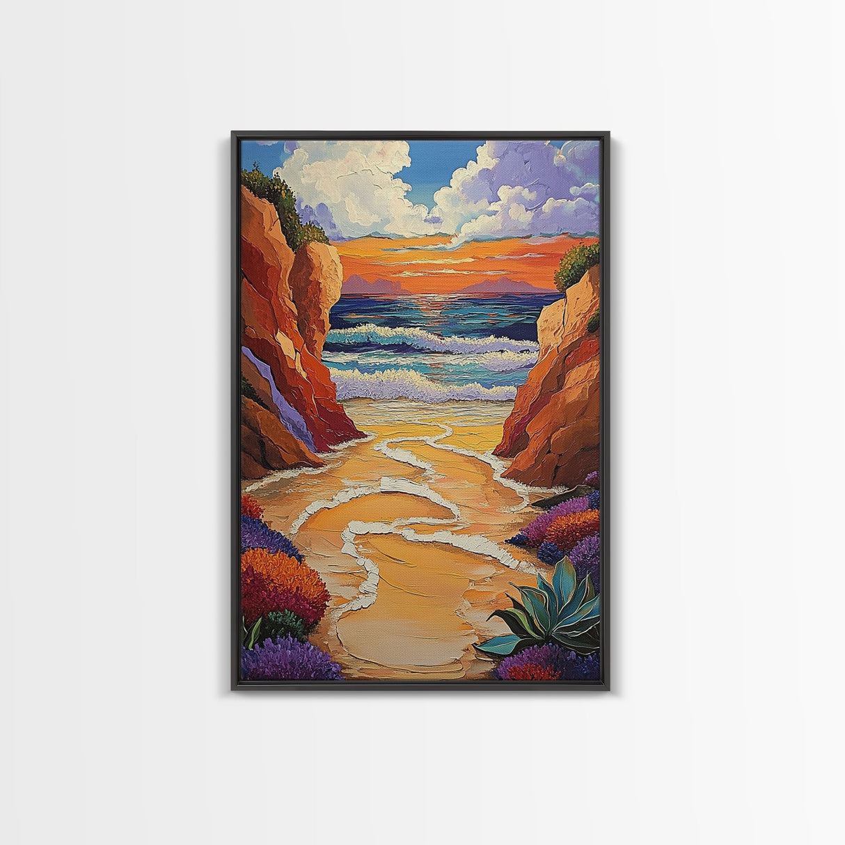 Golden Beach, Sunset Cliffs, Vibrant Ocean Art, Coastal Escape, Fall Color Palette, Canvas Print, Bedroom Wall Art, Tranquil Style