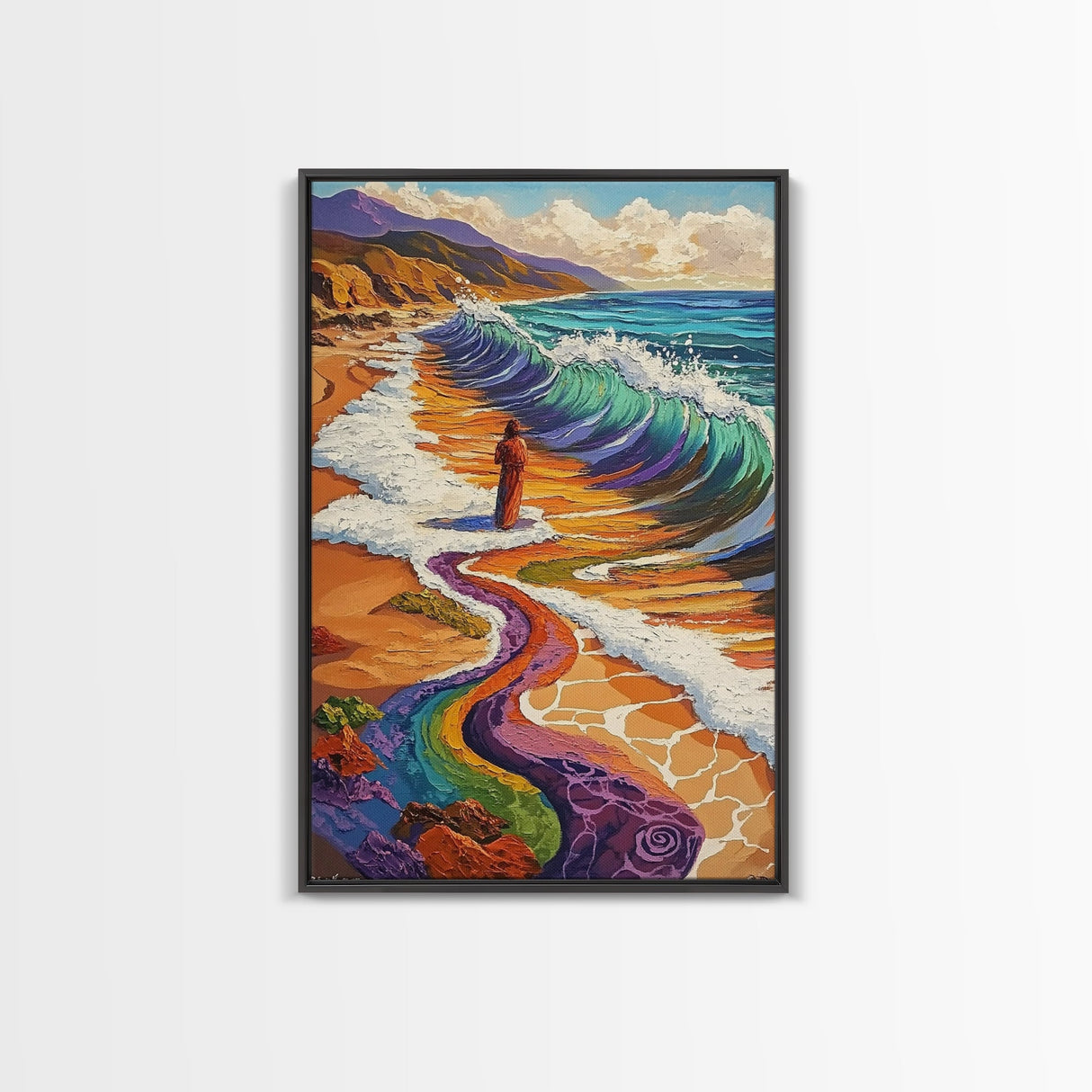Rainbow Wave, Beach Woman, Mystical Shoreline, Color Explosion, Framed Canvas Print, Spiritual Wall Art, Vibrant Meditation Art