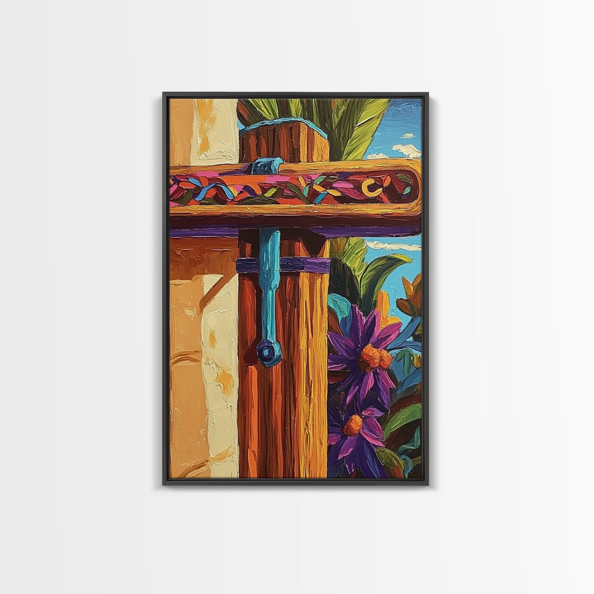 Tropical Rustic Detail Painting, Framed Canvas Print, Coastal patio wall decor, boho island house art, summer wall accent