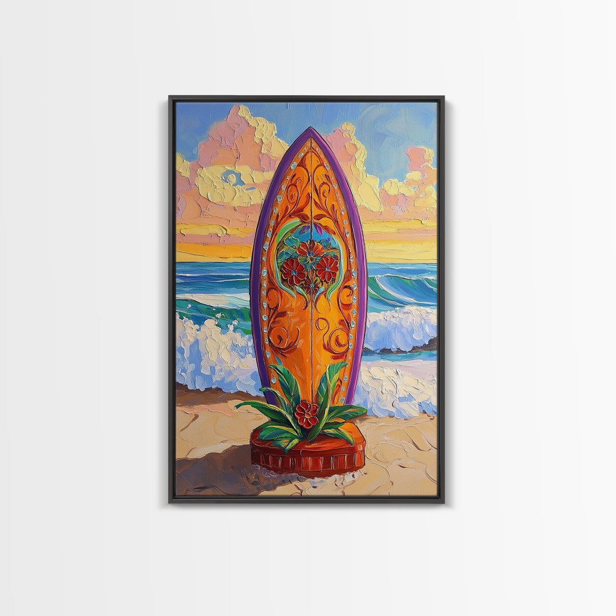 Floral Surfboard Art, Beach Sunset Decor, Tropical Surf Vibe, Canvas Print, Bright Ocean Wall Art, Bathroom Accent, Boho Coastal