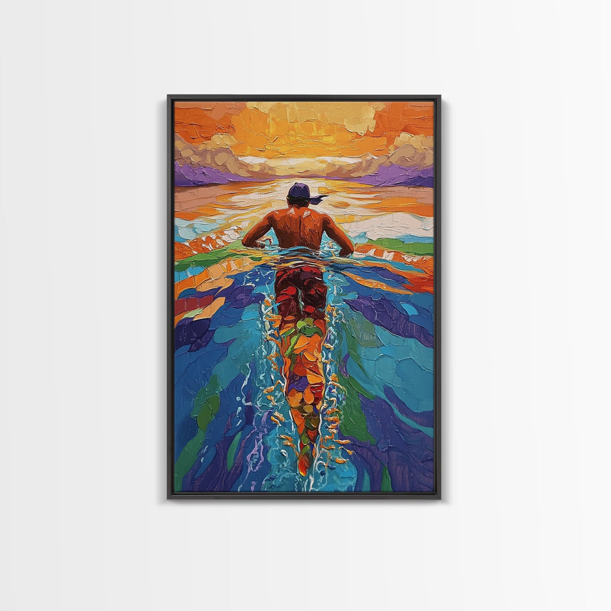 Man Swimming Sunset, Ocean Freedom Art, Tropical Wall Decor, Canvas Print, Bright Water Colors, Bold Bathroom Wall Art