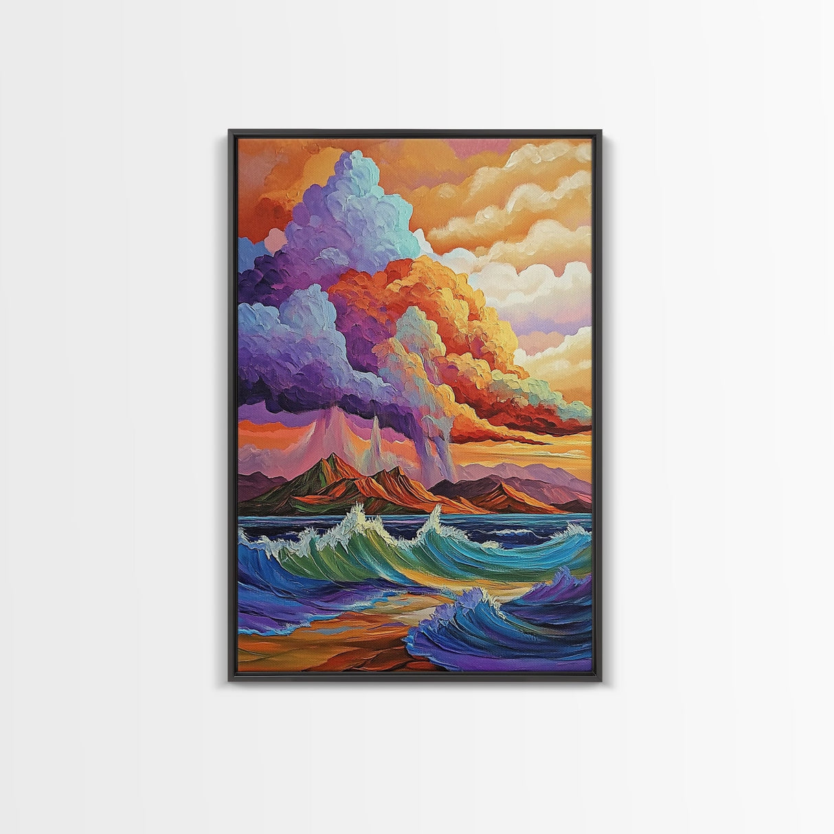 Stormy Coastal Sunset, Rainbow Clouds Over Ocean, Dramatic Sky Wall Art, Framed Canvas Print, Boho Nature Decor, Living Room Art