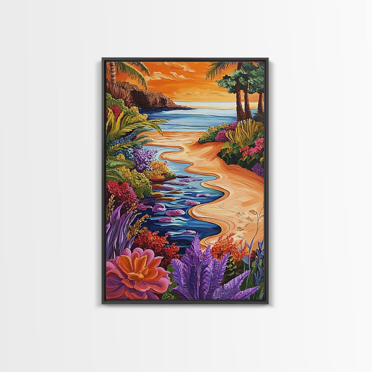Tropical Beach Path, Sunset Garden Vibes, Colorful Coastal Landscape, Canvas Print, Boho Summer Decor, Bathroom Wall Art