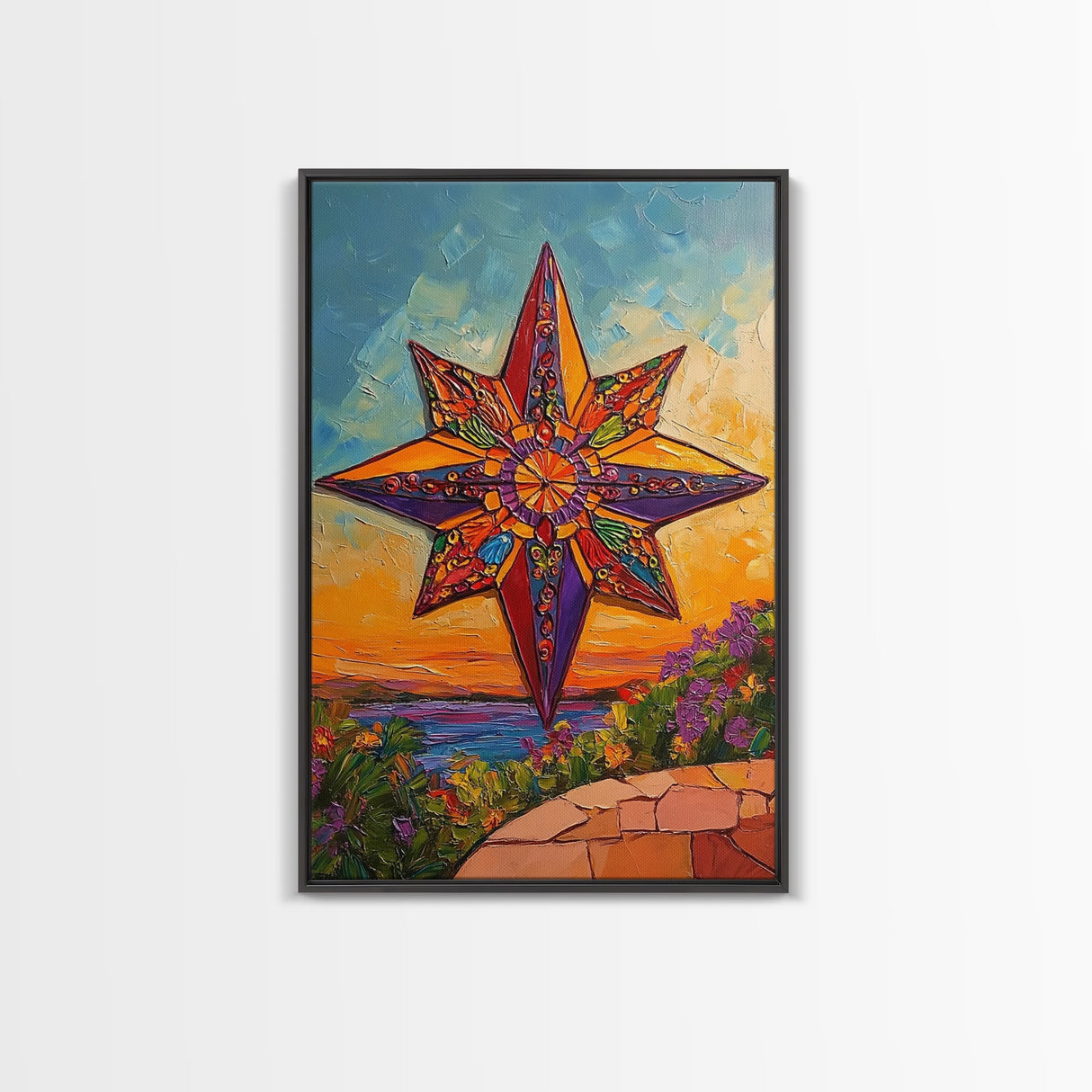 Colorful Starburst Sky, Sunset Mosaic Star Art, Vibrant Landscape Design, Canvas Print, Fall Living Room Decor, Boho Wall Accent