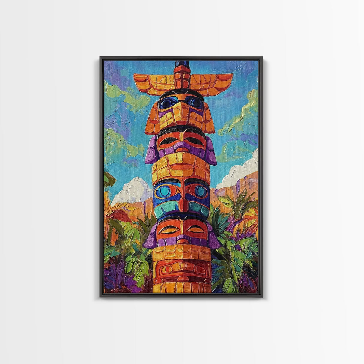 Totem Pole Painting, Tribal Inspired Decor, Canvas Print, Vibrant Wall Art, Boho Art Style, Entryway Statement Art, Unique Cultural Art