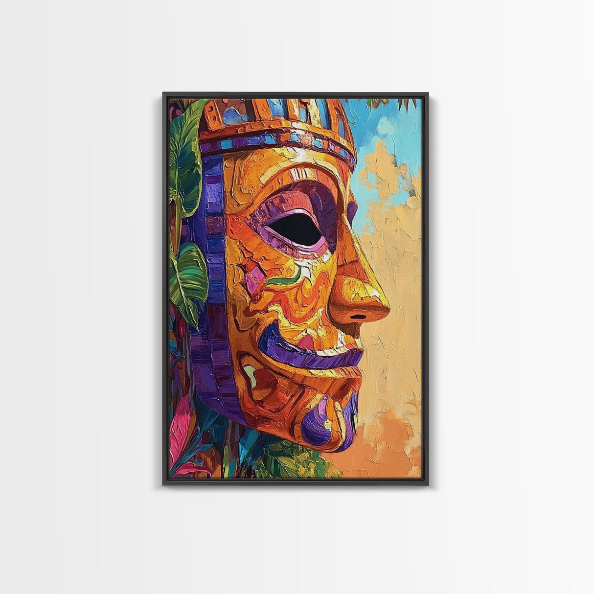 Tribal Mask Side, Exotic Face Wall Decor, Canvas Print, Cultural Art Style, Office Accent Art, Tiki Mask Inspired Home Wall Art