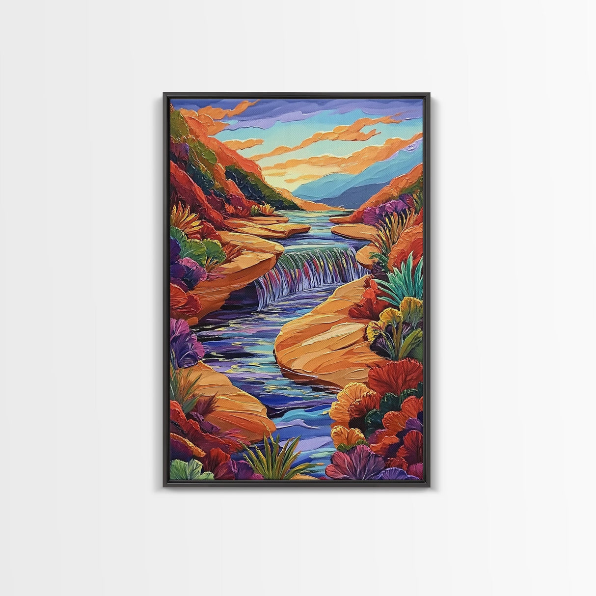 Canyon River Stream, Vibrant Landscape, Sunset Colors, Nature Scene, Framed Canvas Print, Bedroom Wall Art, Fall Home Decor, Boho Art
