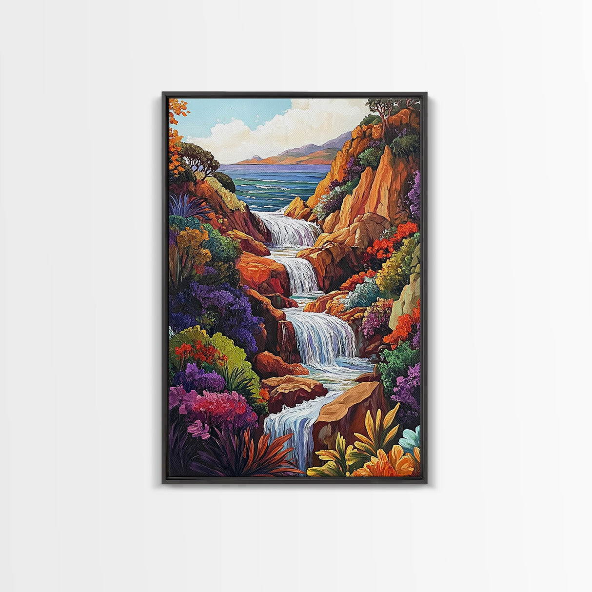 Cascading Falls, Ocean Cliffs, Tropical Flowers, Bold Nature, Framed Canvas Print, Living Room Wall Art, Maximalist Decor, Beach Art