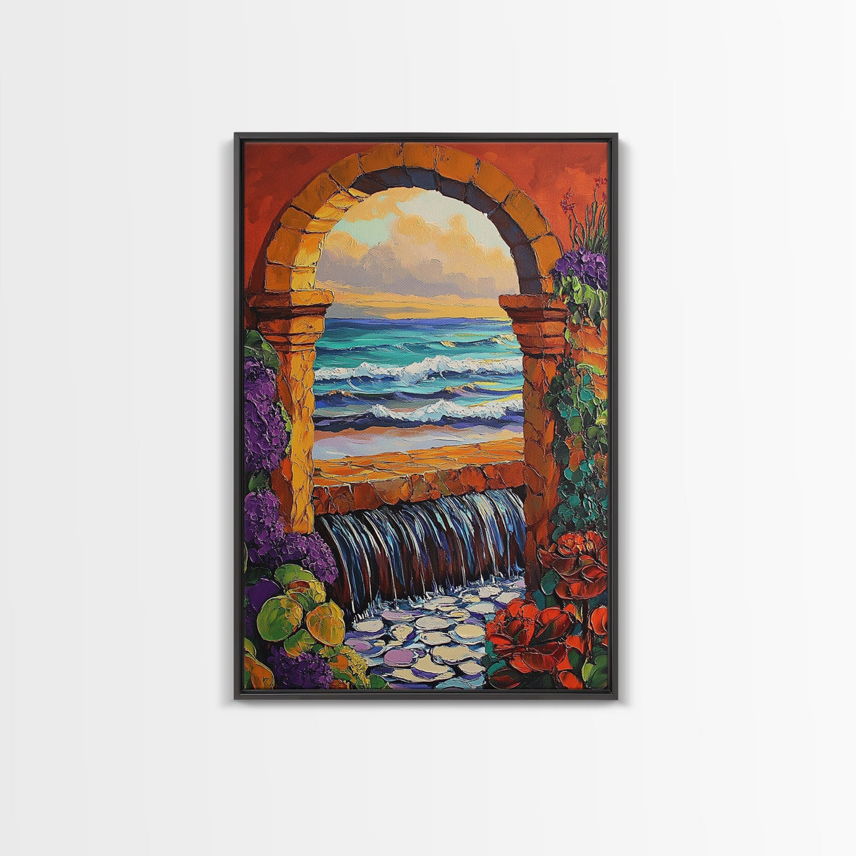 Stone Archway Ocean, Dreamy Seaside Scene, Romantic Sunset Art, Framed Canvas Print, Coastal Entryway Wall Art, Vacation Vibes