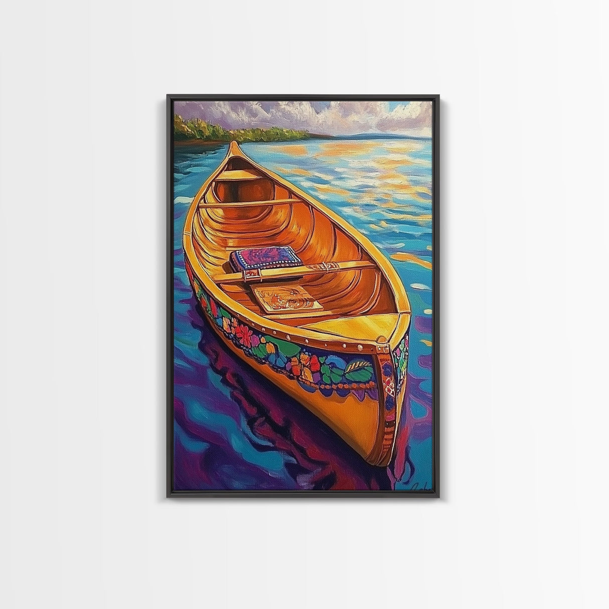 Canoe Tranquil, Reflection, Water, Canvas Print, vibrant lake, boat painting, colorful water art, lakehouse decor, boho bedroom wall art