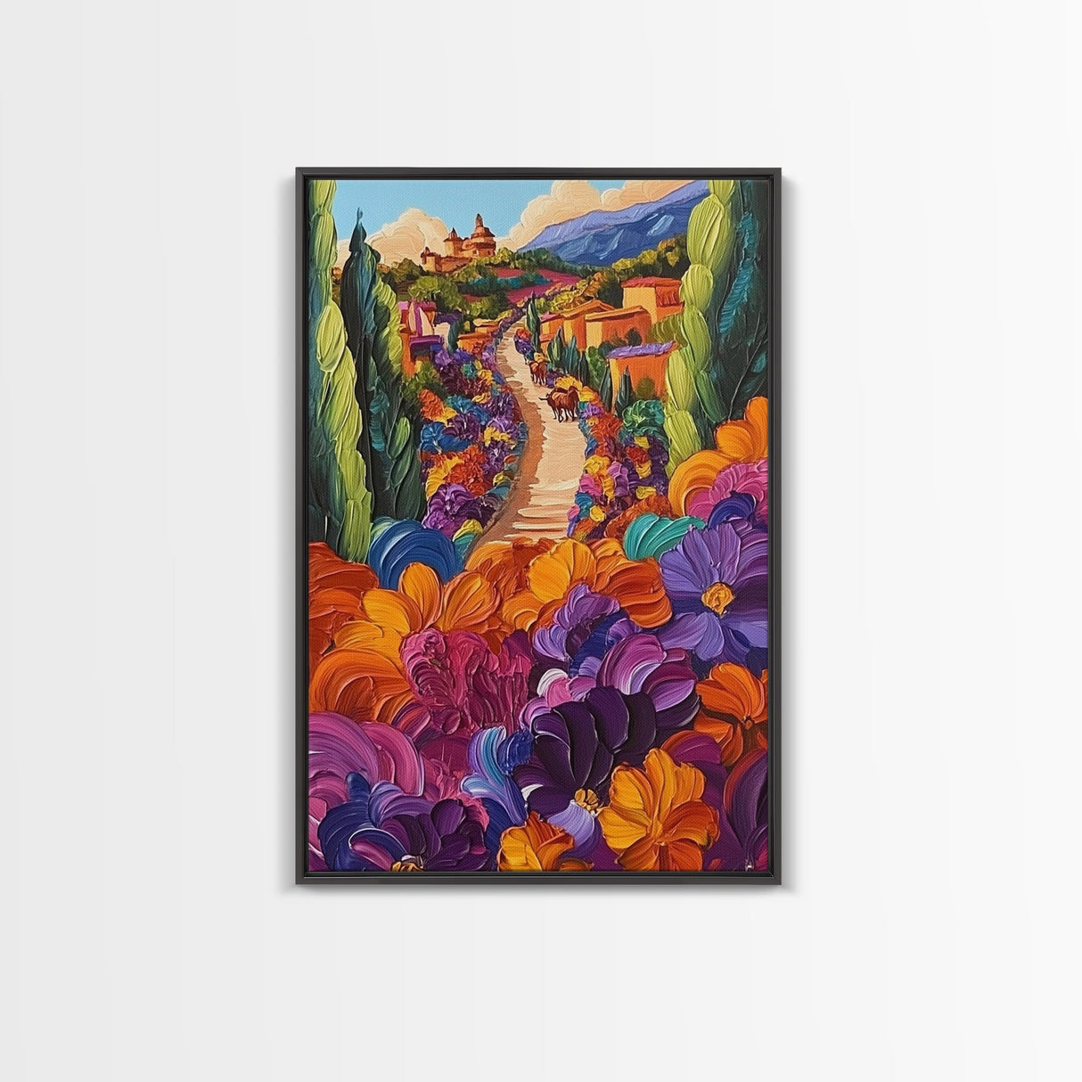 Village Flowers Path, Scenic Country Road Painting, Framed Canvas Print, Whimsical Boho Art, Kitchen Wall Decor, Mediterranean Style