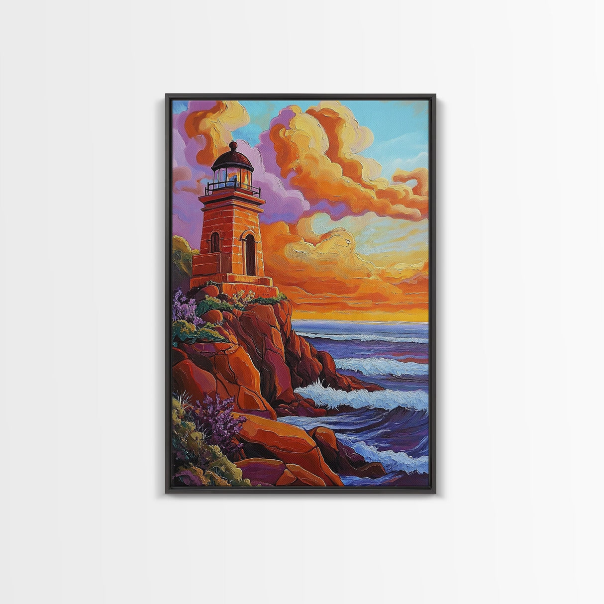 Lighthouse Sunset, Waves, Dramatic Coastal Sunset, Framed Canvas Print, Nautical Office Wall Art, Fall Coastal Decor, Bold Color Painting