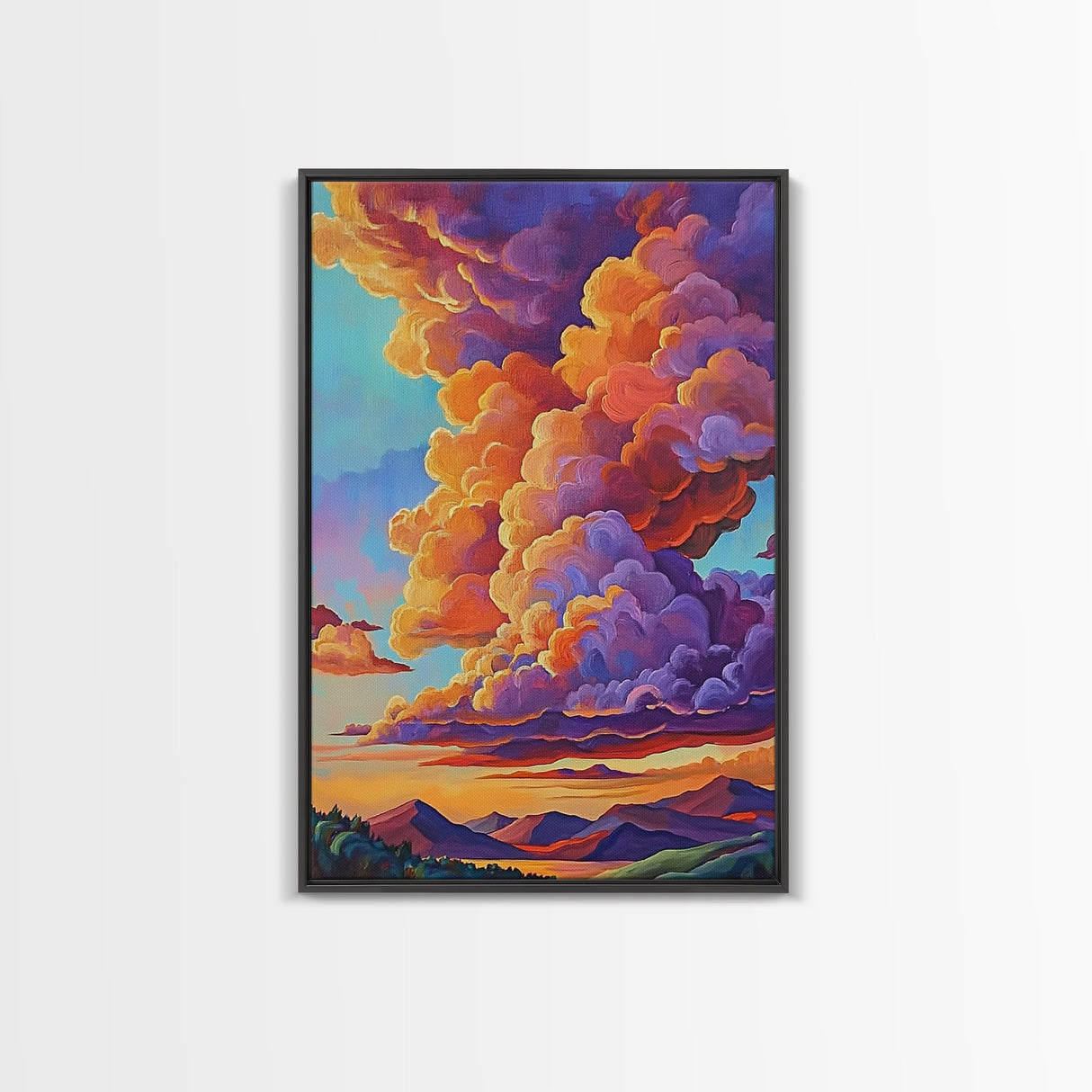 Clouds Sunset, Skies, Mountains, Framed Canvas Print dramatic sky art, colorful cloudscape painting, Bedroom Wall Art, dreamy wall decor