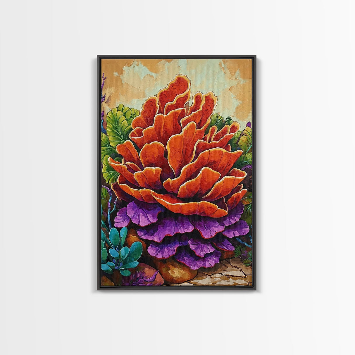 Succulent, Cactus, Orange, Purple, Framed Canvas Print, Bold desert succulent bloom art in orange and purple, living room statement piece