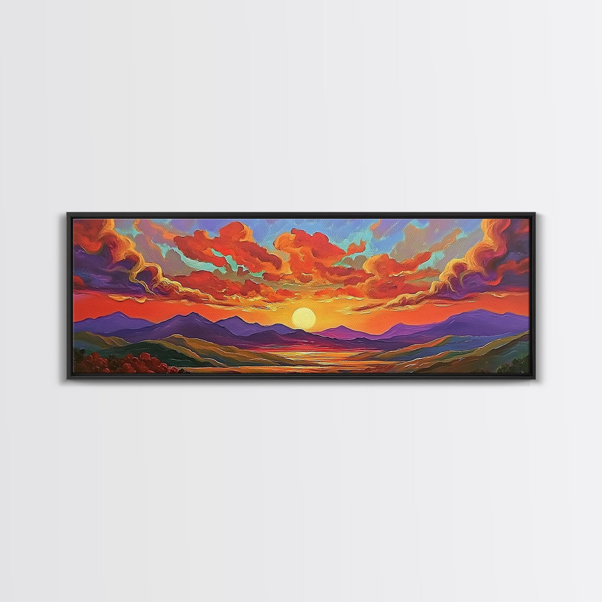 Sunset Cloudscape, Vibrant Sky Painting, Colorful Wall Decor, Nature Scene, Autumn Palette Living Room Framed Canvas Print, Office Art