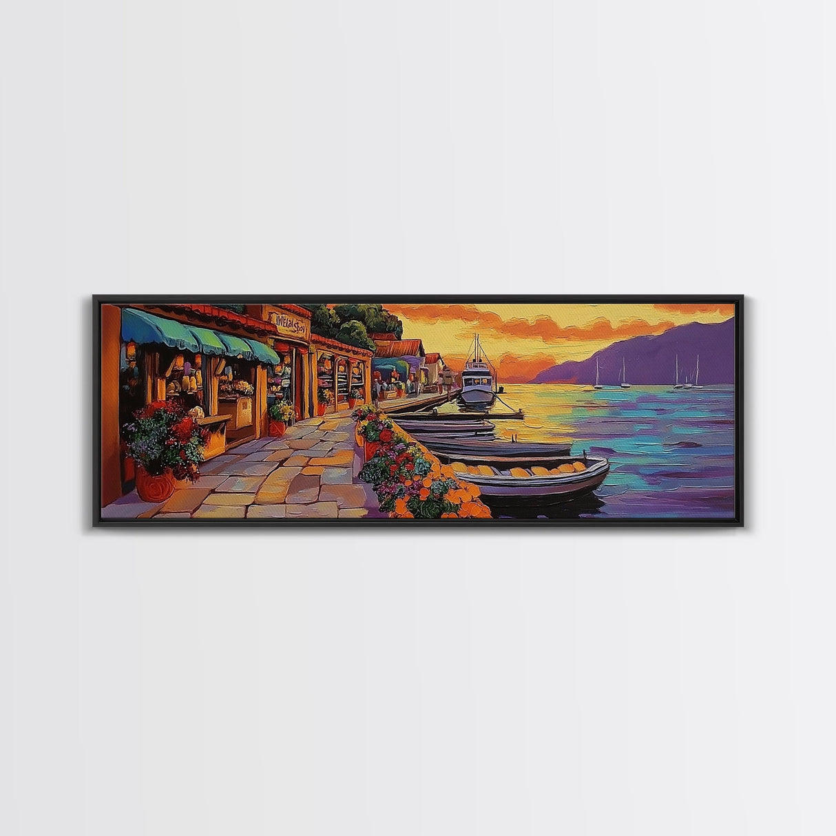 Harbor Village Sunset, Vibrant Coastal Town Painting, Mediterranean Art, Kitchen or Hallway Decor Framed Canvas Print, Beach House Wall Art