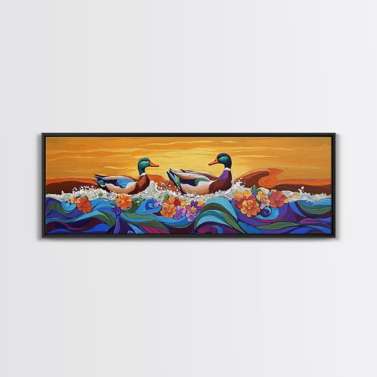 Ducks On Waves, Colorful Animal Art, Whimsical Sunset, Floral Ocean Scene, Canvas Print, Fun Kitchen Art, Kids Room Wall Art