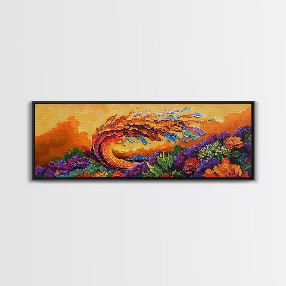 Abstract Wave, Fiery Floral Splash, Boho Landscape Art, Framed Canvas Print, Bold Living Room Statement Wall Decor