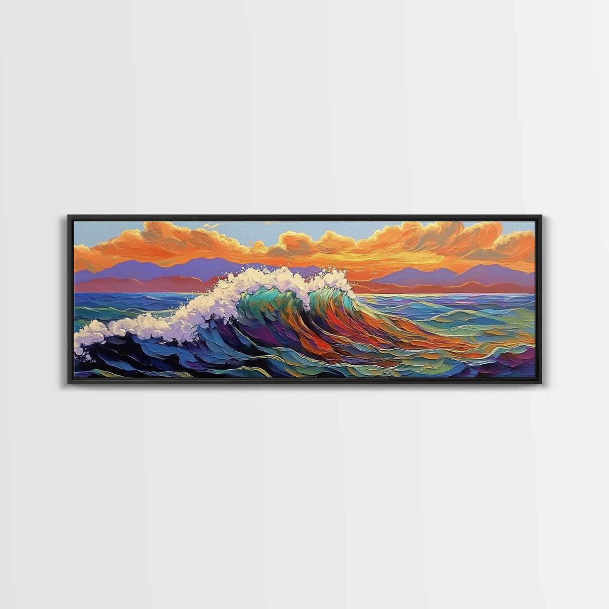 Ocean Wave Sunset, Vibrant Seascape Painting, Tropical Horizon Scene, Framed Canvas Print, Coastal Wall Art, Nautical Decor