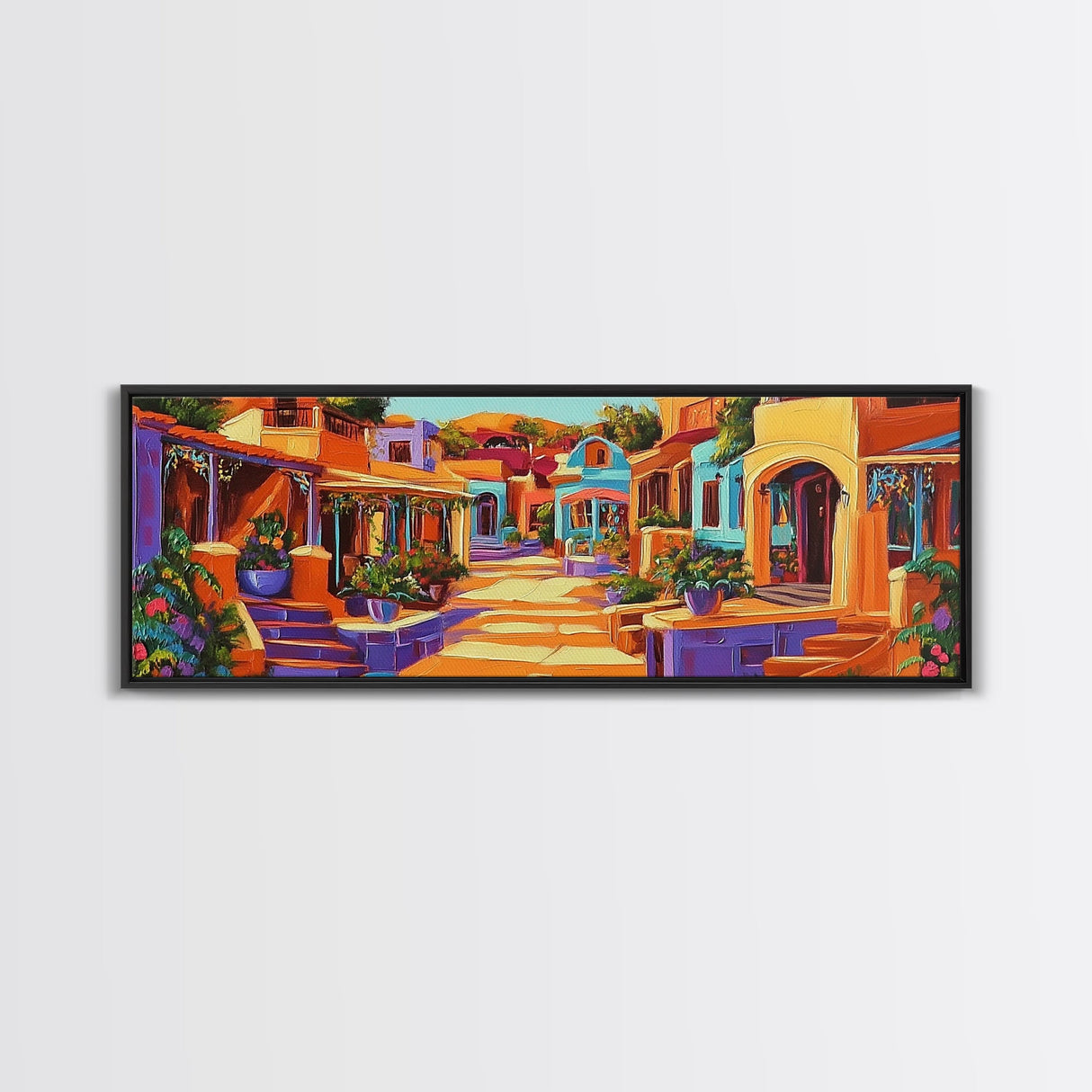 Colorful Village Lane, Bright Street Scene, Adobe Style Architecture, Framed Canvas Print, Boho Entryway Wall Art, Kitchen Decor